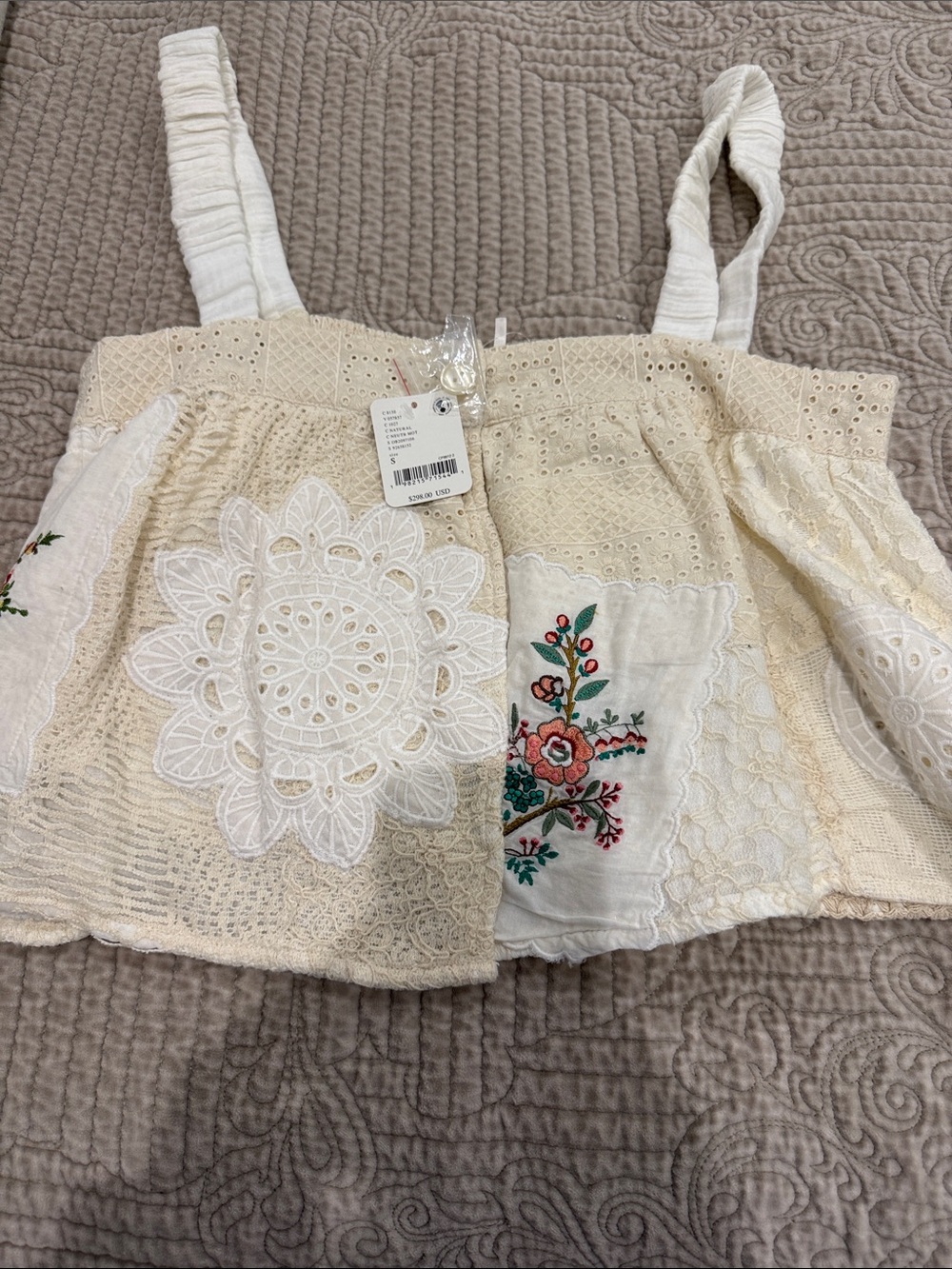 Free People Cream Embroidered Patchwork Crop Top